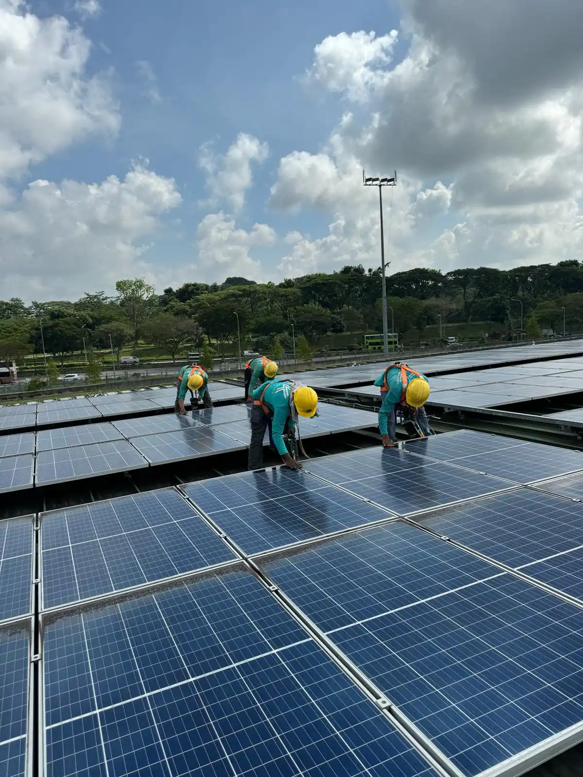 Workers maintaining solar panels at Mandai rail
